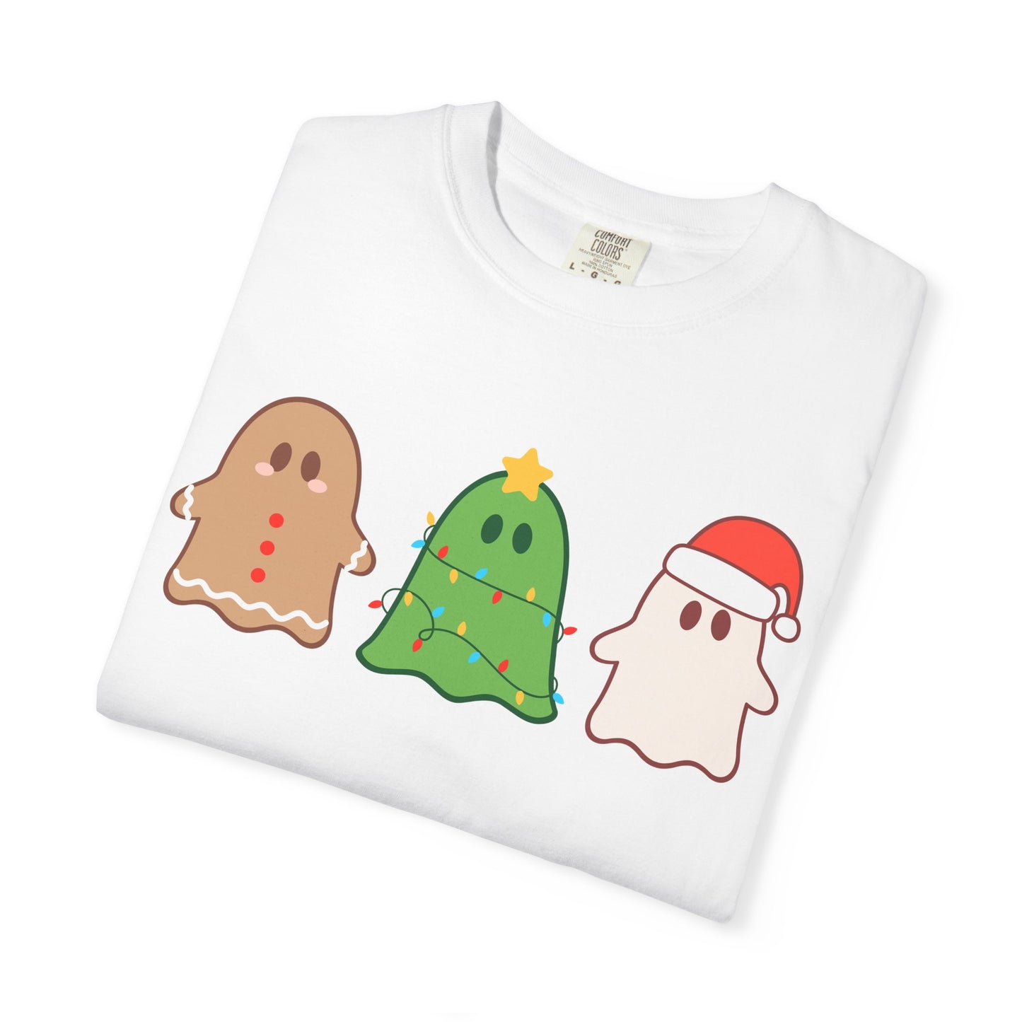Holiday Ghost Trio Comfort Colors T-Shirt — Cute Gingerbread, Christmas Tree & Santa Ghost Graphic Tee