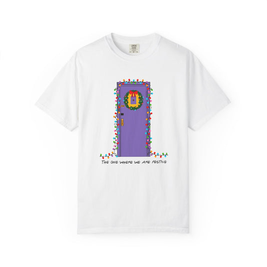 The One Where We Are Festive Purple Door Comfort Colors T‑Shirt — Holiday Graphic Tee