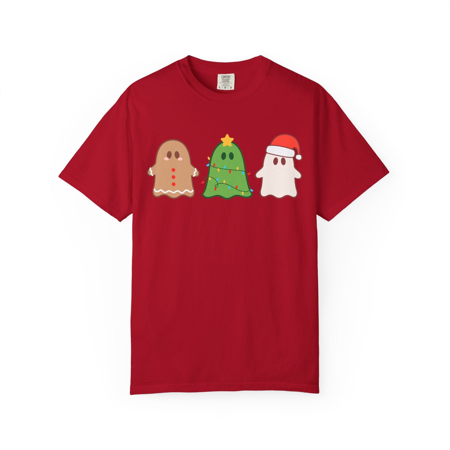 Holiday Ghost Trio Comfort Colors T-Shirt — Cute Gingerbread, Christmas Tree & Santa Ghost Graphic Tee