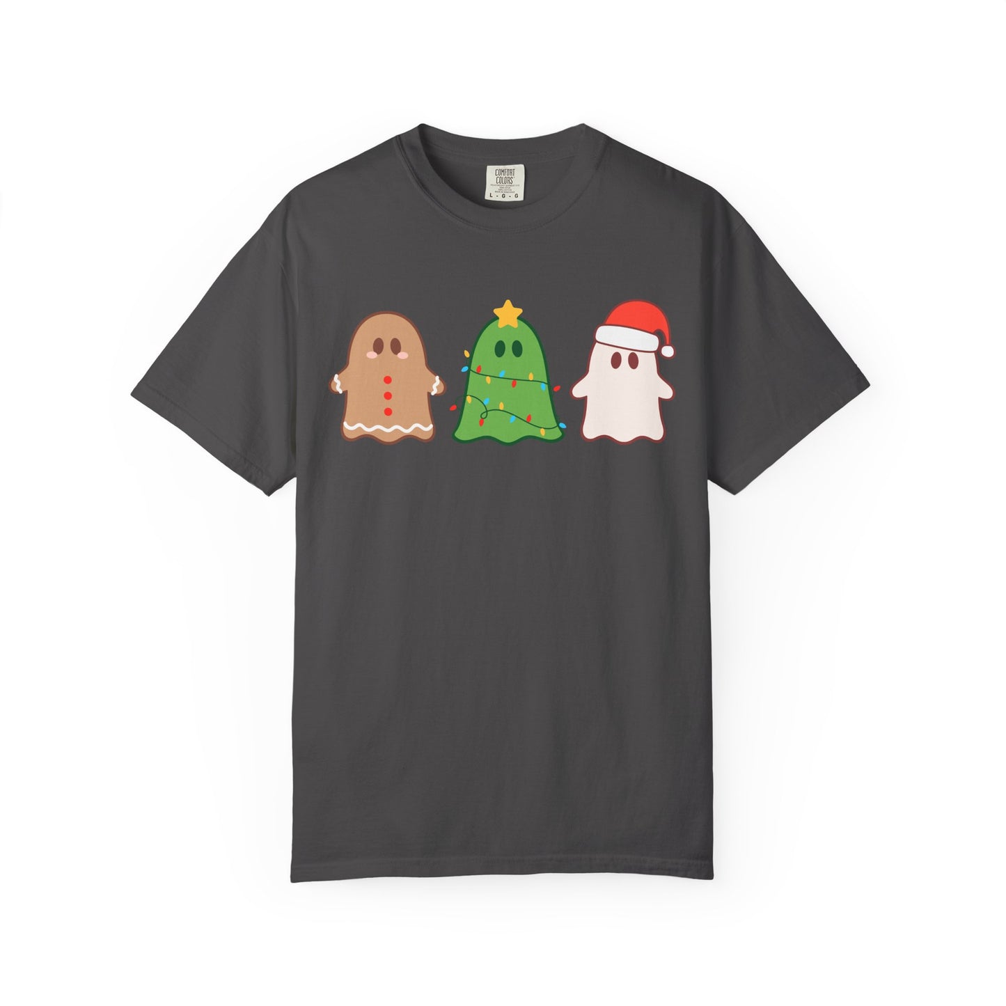 Holiday Ghost Trio Comfort Colors T-Shirt — Cute Gingerbread, Christmas Tree & Santa Ghost Graphic Tee