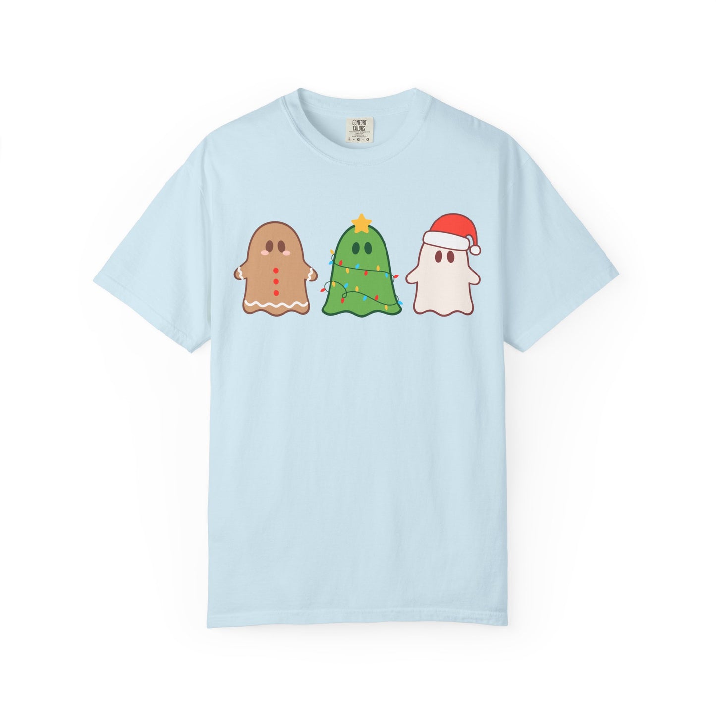 Holiday Ghost Trio Comfort Colors T-Shirt — Cute Gingerbread, Christmas Tree & Santa Ghost Graphic Tee