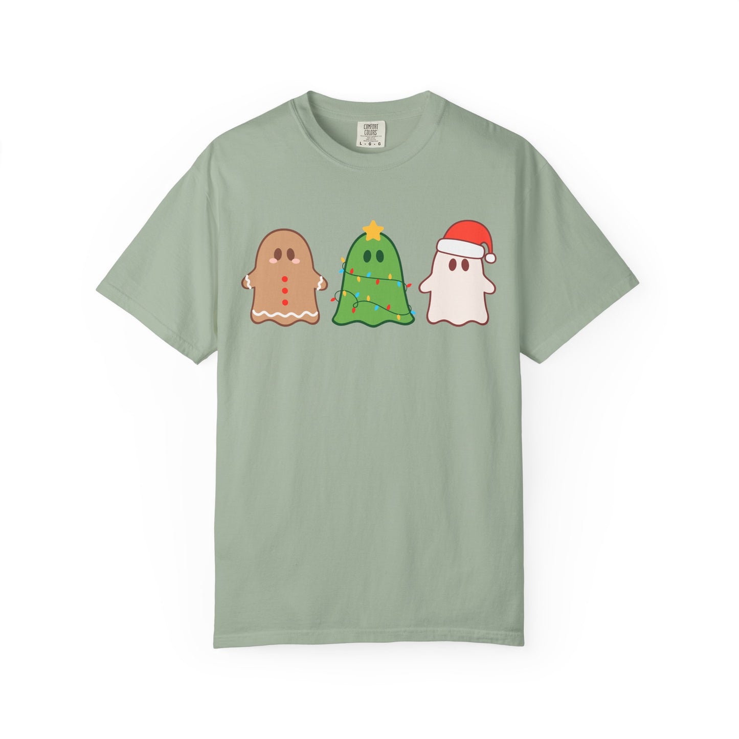 Holiday Ghost Trio Comfort Colors T-Shirt — Cute Gingerbread, Christmas Tree & Santa Ghost Graphic Tee