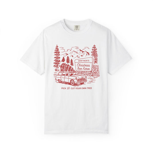 Saint Nick's Christmas Tree Farm Comfort Colors T-Shirt — Vintage Holiday Tee