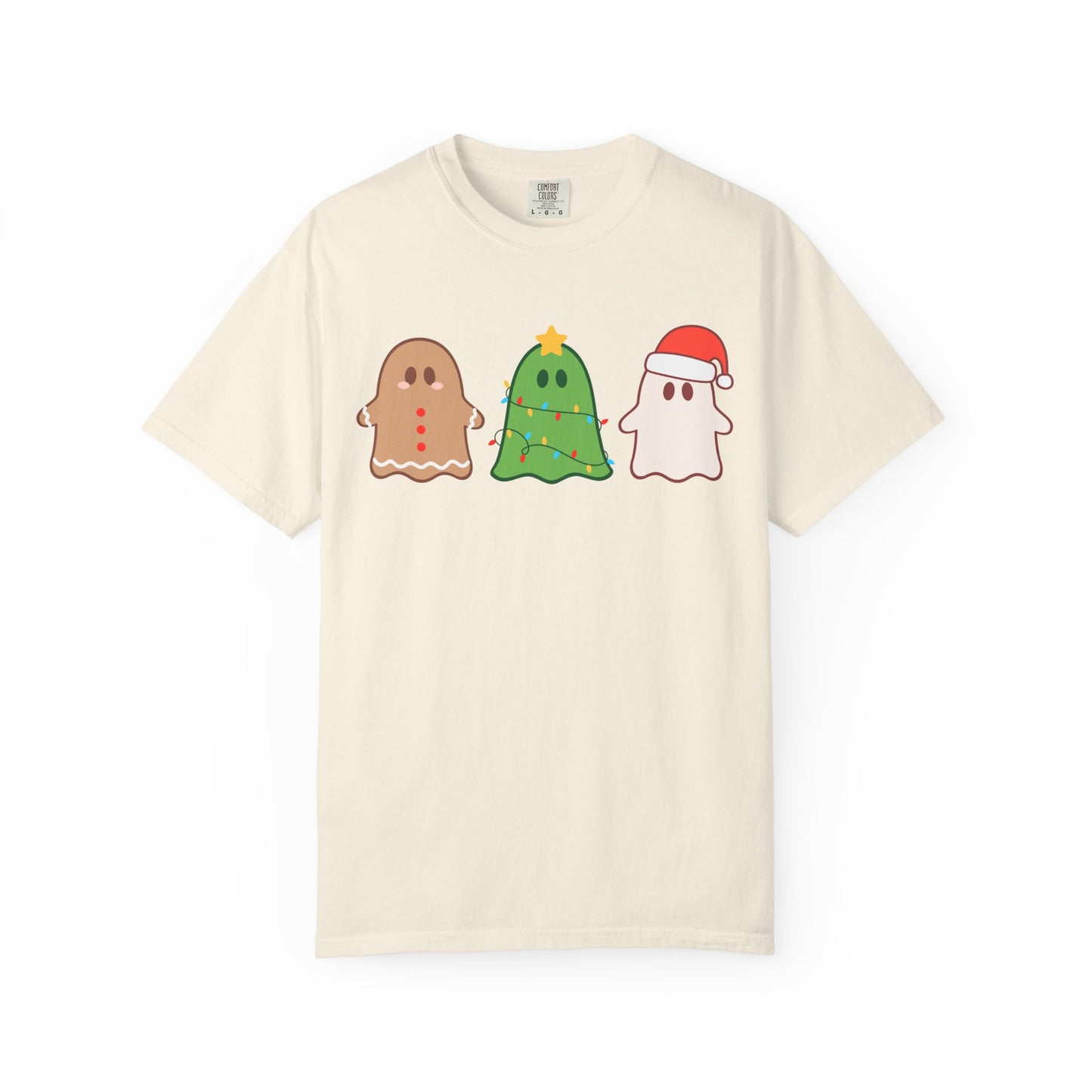 Holiday Ghost Trio Comfort Colors T-Shirt — Cute Gingerbread, Christmas Tree & Santa Ghost Graphic Tee
