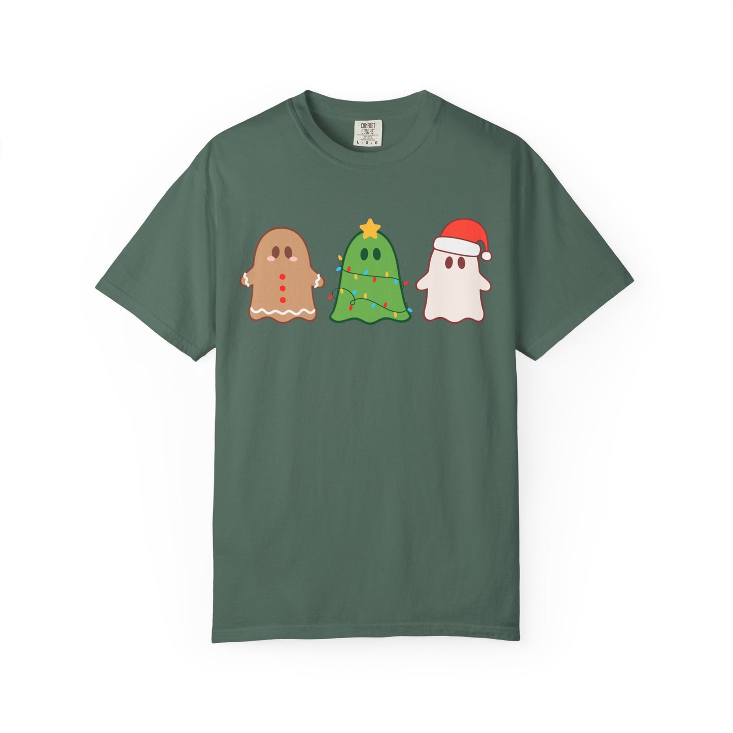Holiday Ghost Trio Comfort Colors T-Shirt — Cute Gingerbread, Christmas Tree & Santa Ghost Graphic Tee