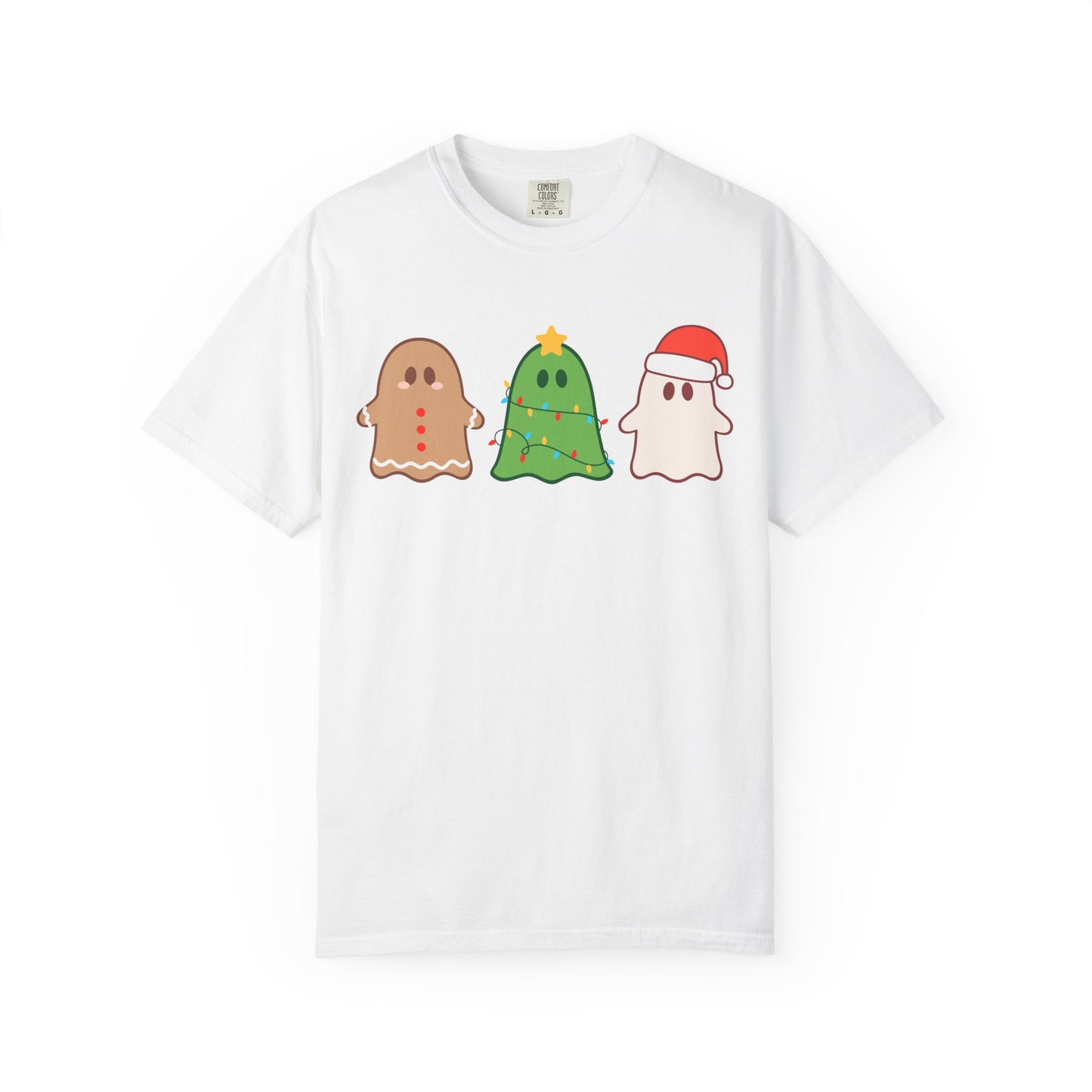 Holiday Ghost Trio Comfort Colors T-Shirt — Cute Gingerbread, Christmas Tree & Santa Ghost Graphic Tee