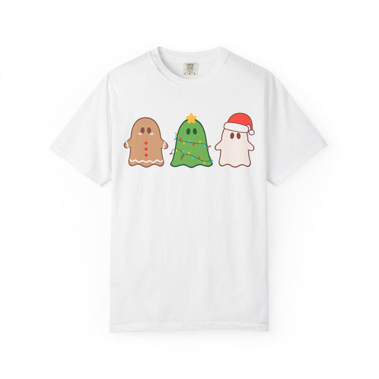 Holiday Ghost Trio Comfort Colors T-Shirt — Cute Gingerbread, Christmas Tree & Santa Ghost Graphic Tee