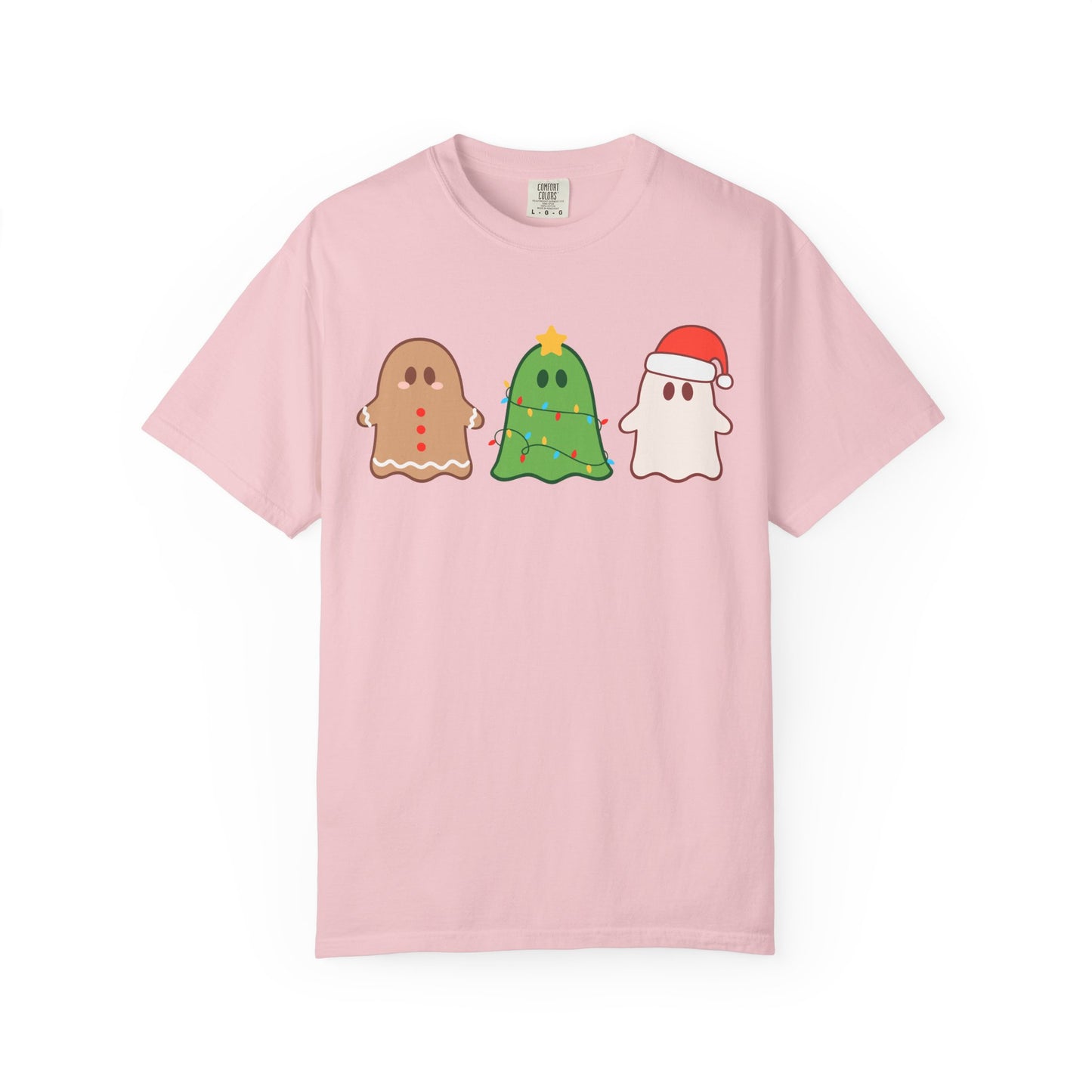 Holiday Ghost Trio Comfort Colors T-Shirt — Cute Gingerbread, Christmas Tree & Santa Ghost Graphic Tee